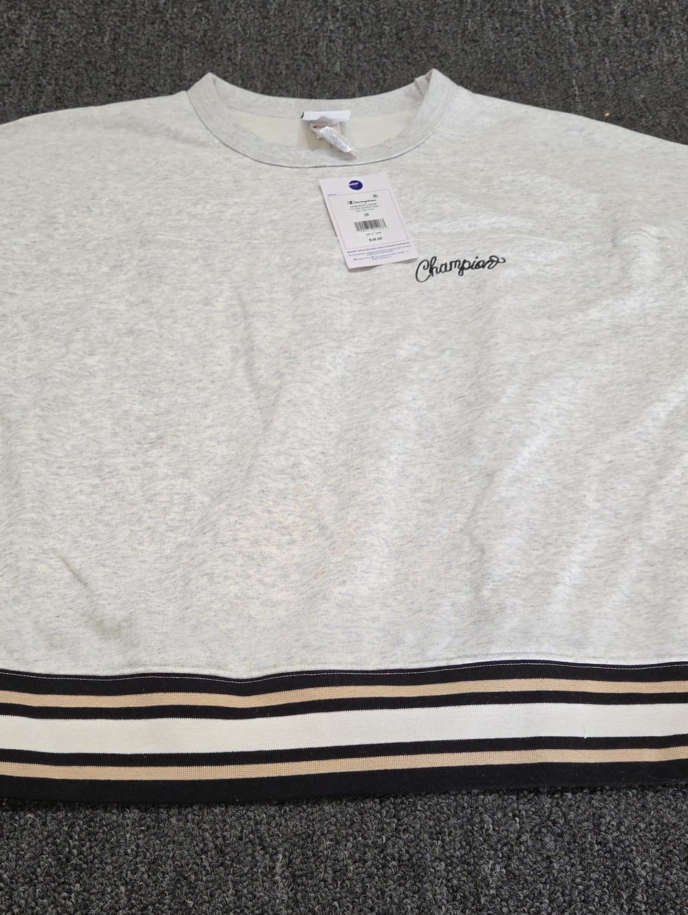 (#2C) Champion Light Gray Crewneck Sweatshirt with Black & Tan Striped Hem